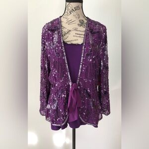 Sparkly Purple 2 Piece Tank Top w/Sequined and Beaded Jacket Women's Size Large